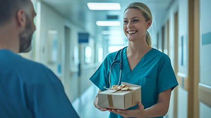 A smiling nurse receives a small gift from a patient as a token of appreciation, the interaction taking place in a clean, bright hospital corridor