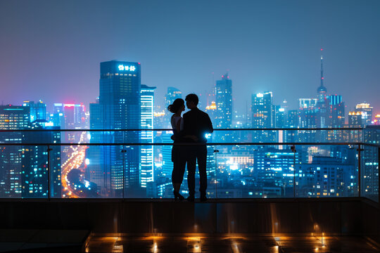 A Couple Standing on a Balcony Against a City Skyline at Night &ndash; Side Lighting Highlights Their Silhouette While City Lights Create a Romantic Atmosphere, Symbolizing Sophisticated Urban Love