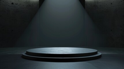 Two-Tiered Circular Platform in a Dark, Concrete Room with Spotlights