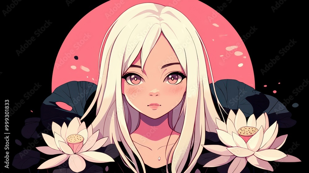 Sticker vibrant animestyle portrait of a girl encircled by a delicate lotus flower and black leaves against 