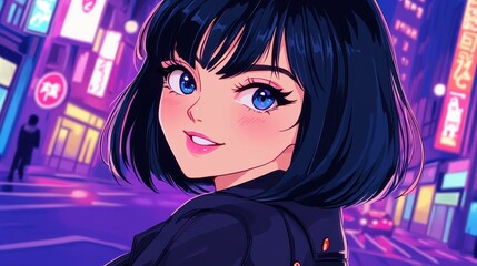 A joyous girl with short black hair radiates love and happiness under the starry night sky, creating a warm atmosphere.