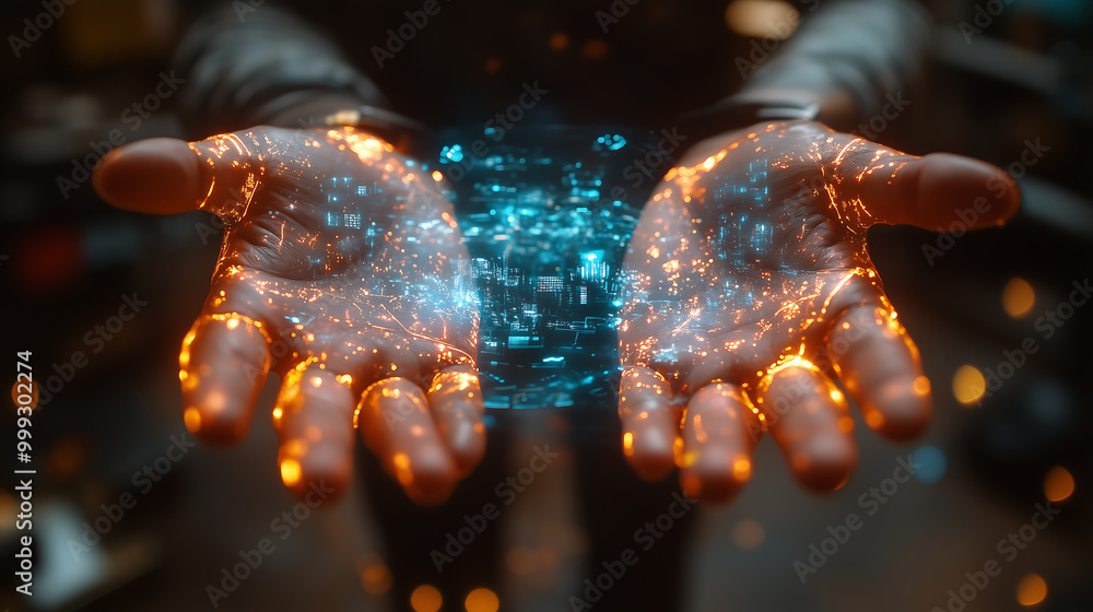 Aufkleber hands holding a holographic virtual reality interface with glowing futuristic data display