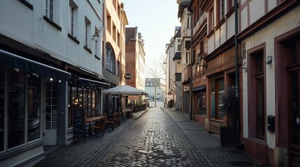 Naklejka premium Cobblestone Street in European City with Buildings and Shops