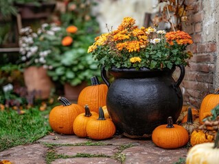 autumn outdoor decor with witch s cauldron and pumpkins