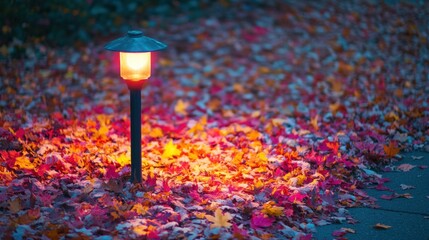  street lamp casting warm light onto a sidewalk covered with a blanket of colorful autumn leaves