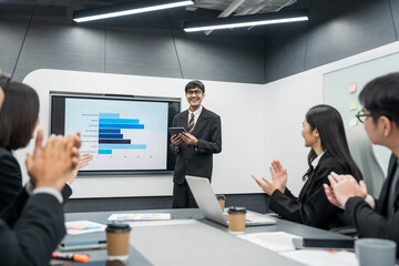 Asian business people team analyzing statistics financial. Group Team of ceo business man and woman Meeting Conference Discussion various topic. Executive professional managers Corporate in office.