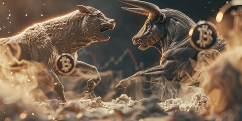 Realistic Bitcoin Render with Bull and Bear Icons in a Confrontational Background, Symbolizing Market Rivalry.