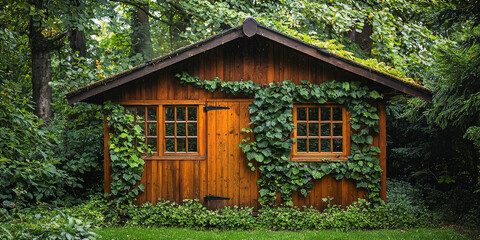 A wooden garden shed surrounded by lush greenery, generative AI