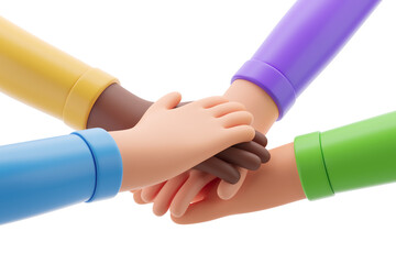 Four cartoon hands in colorful sleeves joining together in a circle, isolated on a white...