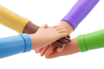 Four cartoon hands in colorful sleeves joining together in a circle, isolated on a white background. Concept of teamwork. 3D Rendering