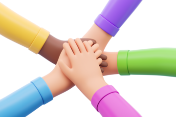 Cartoon hands of different colors joined in a circle. Isolated on white background. 3D rendering. Concept of teamwork and unity