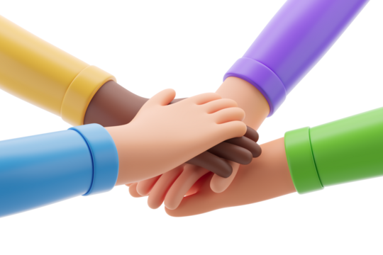 Four cartoon hands in colorful sleeves joining together in a circle, isolated on a white background. Concept of teamwork. 3D Rendering