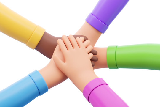 Cartoon hands of different colors joined in a circle. Isolated on white background. 3D rendering. Concept of teamwork and unity