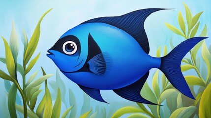 Naklejka premium Vibrant Blue Fish Underwater Scene with Green Plants