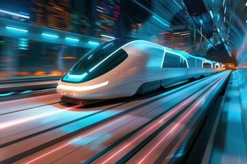Fototapeta premium Futuristic high-speed train moving through illuminated tunnel. 3D digital rendering of transportation concept for design and print.