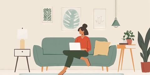 Stylish Woman Using a Laptop on a Mint Green Couch at Home, Surrounded by Minimalist Decor.