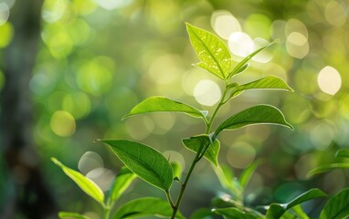 Obraz premium Close-up of green plant leaves with blurred sunlight background. Macro shot of natural foliage for nature and eco concepts.