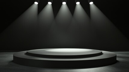 Black Circular Podium with Spotlights on a Dark Background