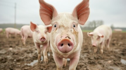 Pigs playfully rolling and wallowing in a muddy pen on a farm showcasing the natural behaviors and habitat of these adorable farm animals  The pigs are surrounded by a rural