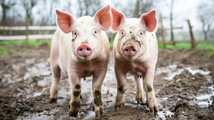 Two adorable pigs playfully rolling and splashing around in a muddy pen on a scenic farm  The pigs are enjoying their natural habitat and behaviors as they wallow in the dirt and mud