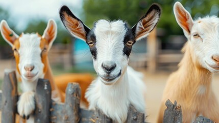 Fototapeta premium Lively and energetic goats climbing and playing on various farm structures and enclosures with a deep depth of field capturing the natural rustic and idyllic countryside setting