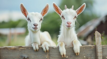 Fototapeta premium Two Adorable Goat Kids Climbing and Playing on Rustic Wooden Fence and Farm Structures in a Lush Green Pastoral Countryside Setting