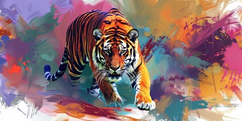 Tiger with a Unique Multi-Colored Coat, Prowling with Power and Confidence, Vibrant Colors Enhancing Its Strength.