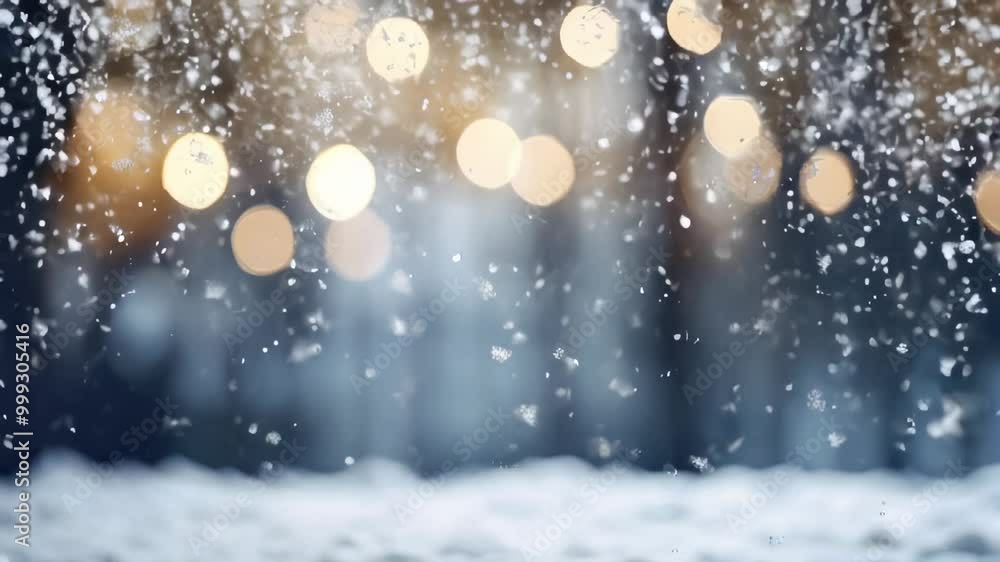 Poster window from inside with falling snowflakes and a christmas bokeh background