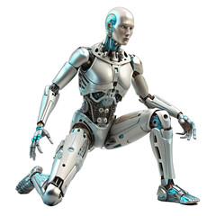 Fototapeta premium A humanoid cyborg stands in distinct poses demonstrating advanced robotics and mechanical features in a futuristic environment