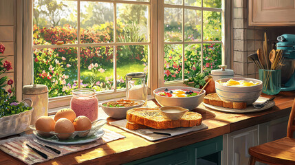 Bright and inviting kitchen tabletop with a variety of breakfast foods including eggs, yogurt, fruits, and toast against a scenic garden view