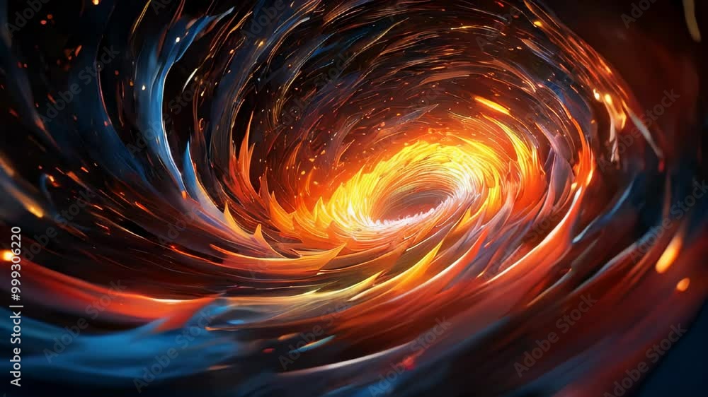 Poster dynamic abstract vortex artwork with intense fiery hues, featuring swirling patterns in vibrant red,