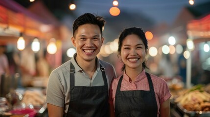Naklejka premium Couple Enjoying a Shared Culinary Adventure at a Vibrant Night Market Savoring Street Food Stalls and the Festive Atmosphere