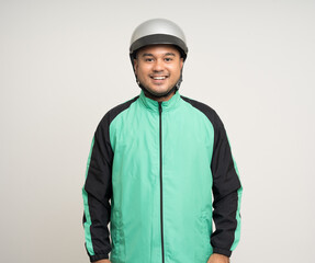 Young asian rider wearing green jacket uniform and helmet standing various action on isolated white background. Male delivery service worker. Delivery courier and shipping food service.