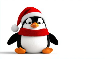 Fototapeta premium Cute penguin wearing a Santa hat and scarf, isolated on a white background.