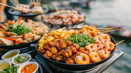 Fototapeta premium Indulging in the Flavorful Delights of Street Food Surrounded by the Vibrant Atmosphere of the City Skyline and Architectural Details