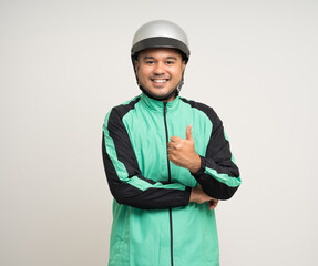 Young asian rider wearing green jacket uniform and helmet standing various action on isolated white background. Male delivery service worker. Delivery courier and shipping food service.