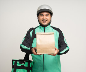 Young asian rider wearing green jacket uniform and helmet various action holding a lot of paper...
