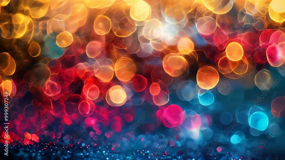 Poster abstract vibrant bokeh lights in red and blue, creating a festive and colorful background with a sen