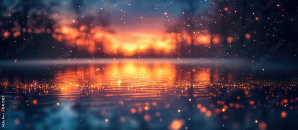 Aufkleber abstract image with a blurred background of a colorful sunset over a still lake with a reflection.