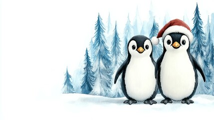 Two cheerful penguins wearing Christmas hats in a snowy landscape.
