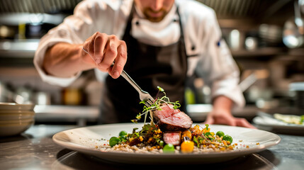 Professional chef plating a gourmet meat dish in a fine dining kitchen setting