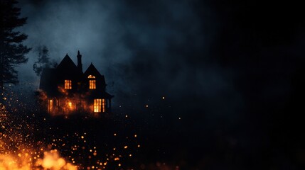 Obraz premium Haunted house glowing in dark, surrounded by smoke and sparks, eerie atmosphere.