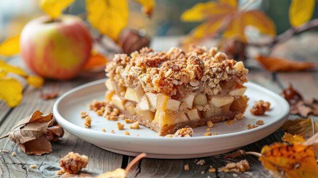 Homemade Apple Cramble Crisp Cake On White Plate With Autumn Leaves On The Background