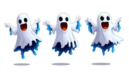 Obraz premium Three playful cartoon ghosts with expressive faces, white background.