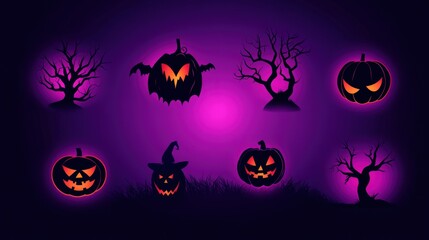 Spooky Halloween decorations with pumpkins and eerie trees on a purple background.