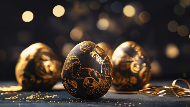 Easter eggs decorated with gold pattern on a bokeh background
