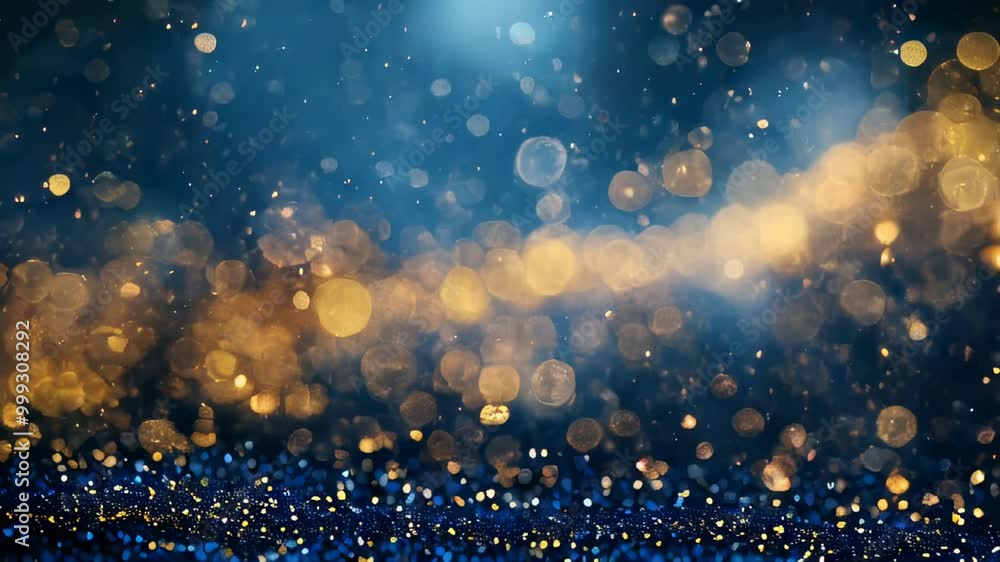 Poster a blurred scene of shimmering gold and blue lights creating a dazzling bokeh effect