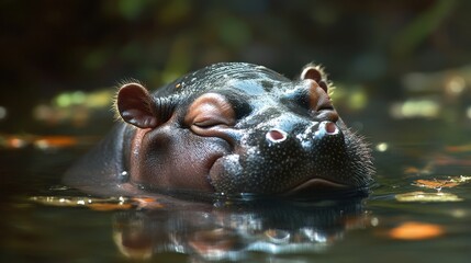 Fototapeta premium Hippo submerged in water, serene aquatic environment, natural habitat.