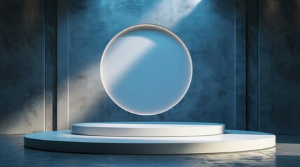 A Minimalist Stage with a Circular Platform in a Blue Concrete Room