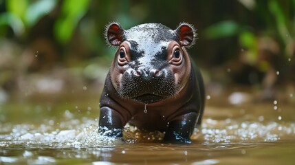 Fototapeta premium Young hippo wading through water, vibrant nature background.